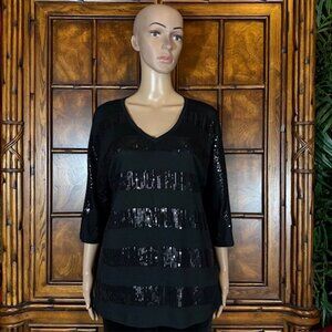 Kenneth Cole New York Black Sequin Stripe Vneck Top